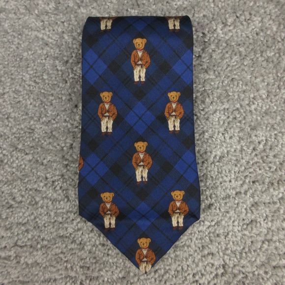 Polo Ralph Lauren Tie Mens Blue Argyle Geometric Polo Bear Silk Made In USA EUC